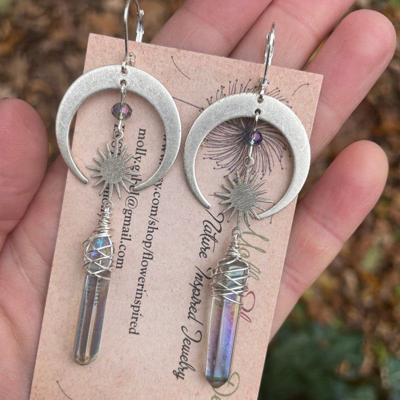 Bohemian Star-Moon Combination Crystal Pillar Earrings