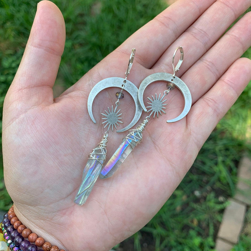 Bohemian Star-Moon Combination Crystal Pillar Earrings