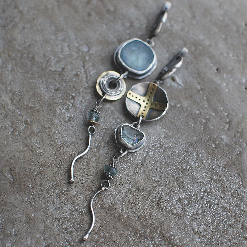 Blue stone cross round metal vintage earrings