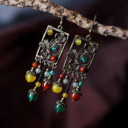 Chinoiserie Agate Glass Beaded Flower Dangle Earrings