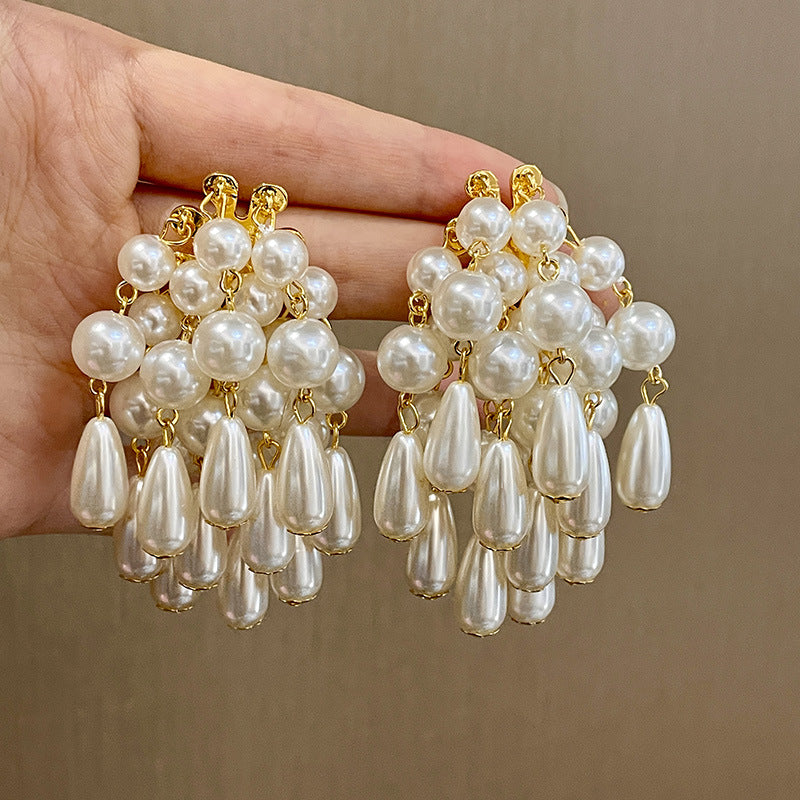 Vintage Gold Pearl Earrings Tassel Stud Earrings No Piercing Ear Clip