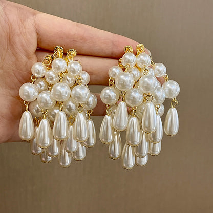 Vintage Gold Pearl Earrings Tassel Stud Earrings No Piercing Ear Clip