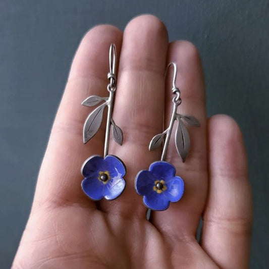 Navy blue flower earrings plant leaf handmade earrings