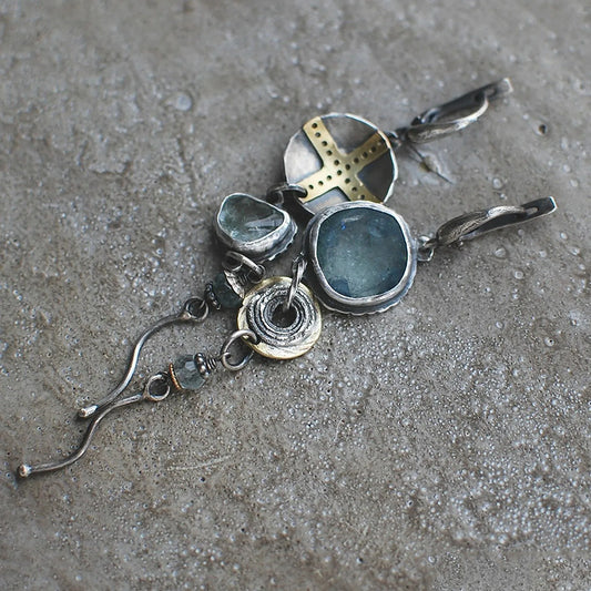 Blue stone cross round metal vintage earrings