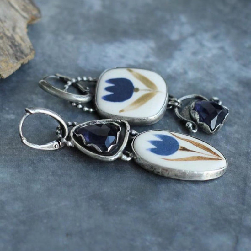 Blue Rhinestone Leaf Flower Pattern Women's Earrings