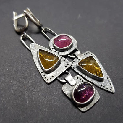 Vintage Triangular Metal Purple Orange Asymmetric Earrings