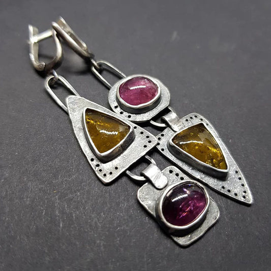 Vintage Triangular Metal Purple Orange Asymmetric Earrings