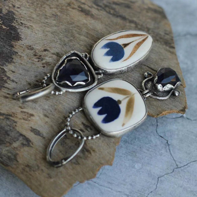 Blue Rhinestone Leaf Flower Pattern Women's Earrings