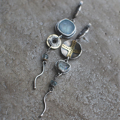 Blue stone cross round metal vintage earrings
