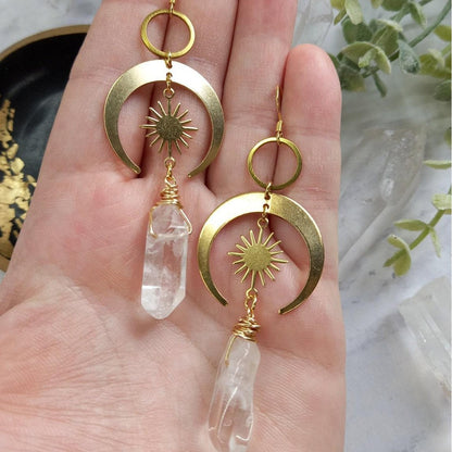 Quartz Moon and Sun Earrings