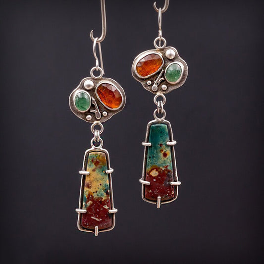 Vintage Geometric Colored Enamel Orange Emerald Earrings