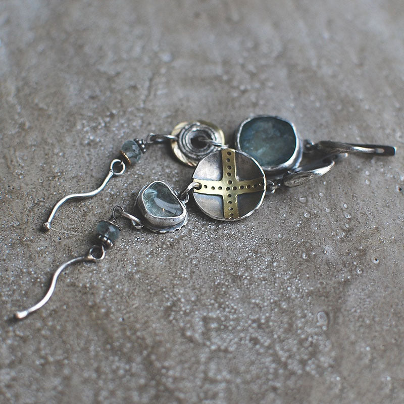 Blue stone cross round metal vintage earrings