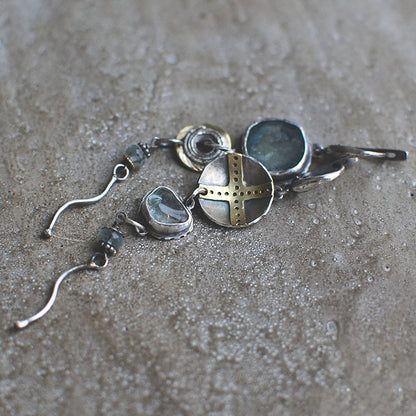 Blue stone cross round metal vintage earrings