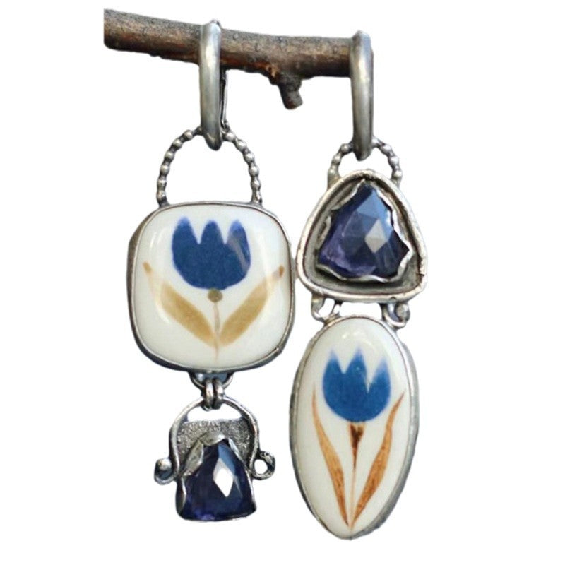 Blue Rhinestone Leaf Flower Pattern Women's Earrings