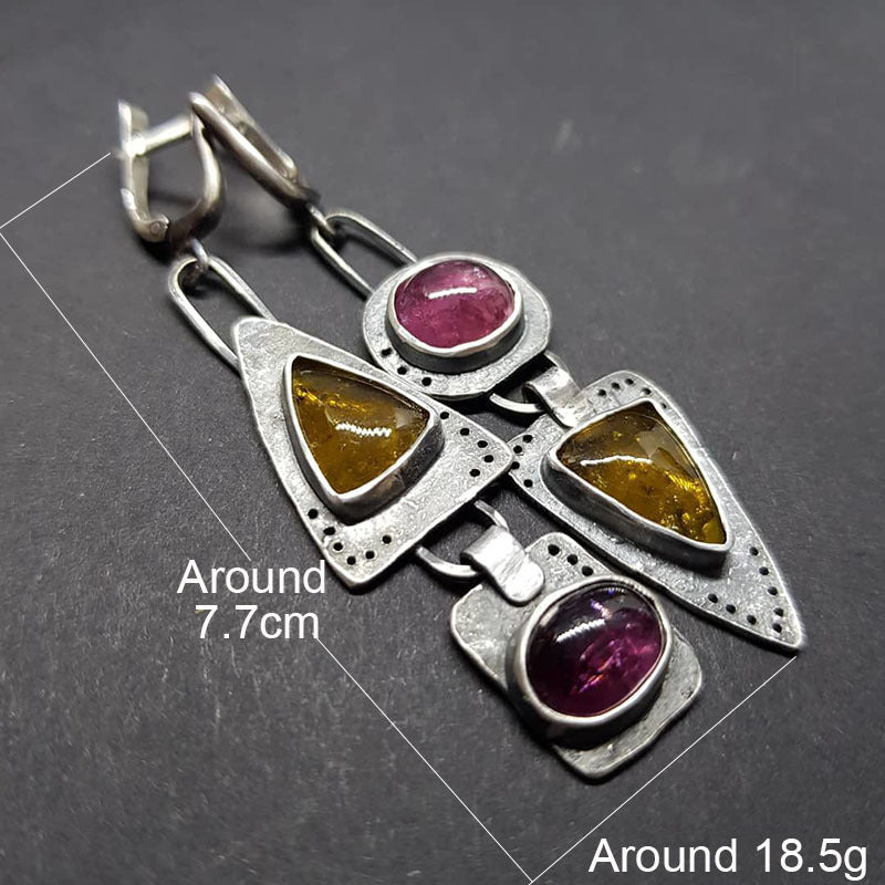 Vintage Triangular Metal Purple Orange Asymmetric Earrings