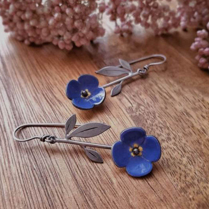 Navy blue flower earrings plant leaf handmade earrings