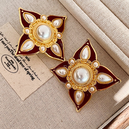 Vintage Gold Pearl Earrings Tassel Stud Earrings No Piercing Ear Clip