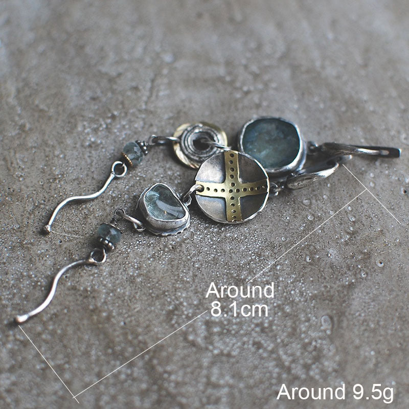 Blue stone cross round metal vintage earrings
