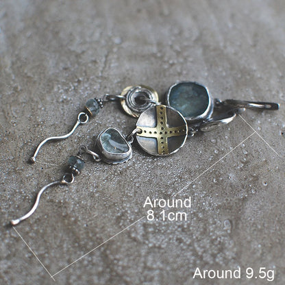 Blue stone cross round metal vintage earrings