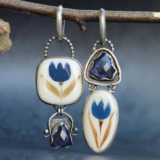 Blue Rhinestone Leaf Flower Pattern Women's Earrings